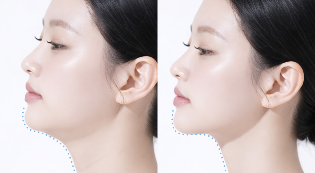 たるみのある顎と、たるみの改善された顎