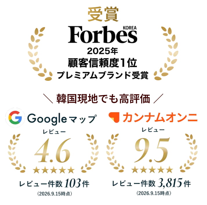 フォーブスコリア 2025年　顧客信頼度1位プレミアムブランド受賞
Googleマップレビュー 4.6
カンナムオンニレビュー9.5